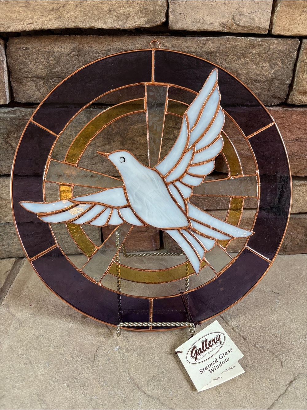 Stained glass window with dove and purple NWT